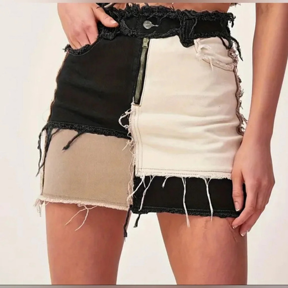 NEW-Color Block Patchwork Raw Trim Denim Skirt - Picture 2 of 4